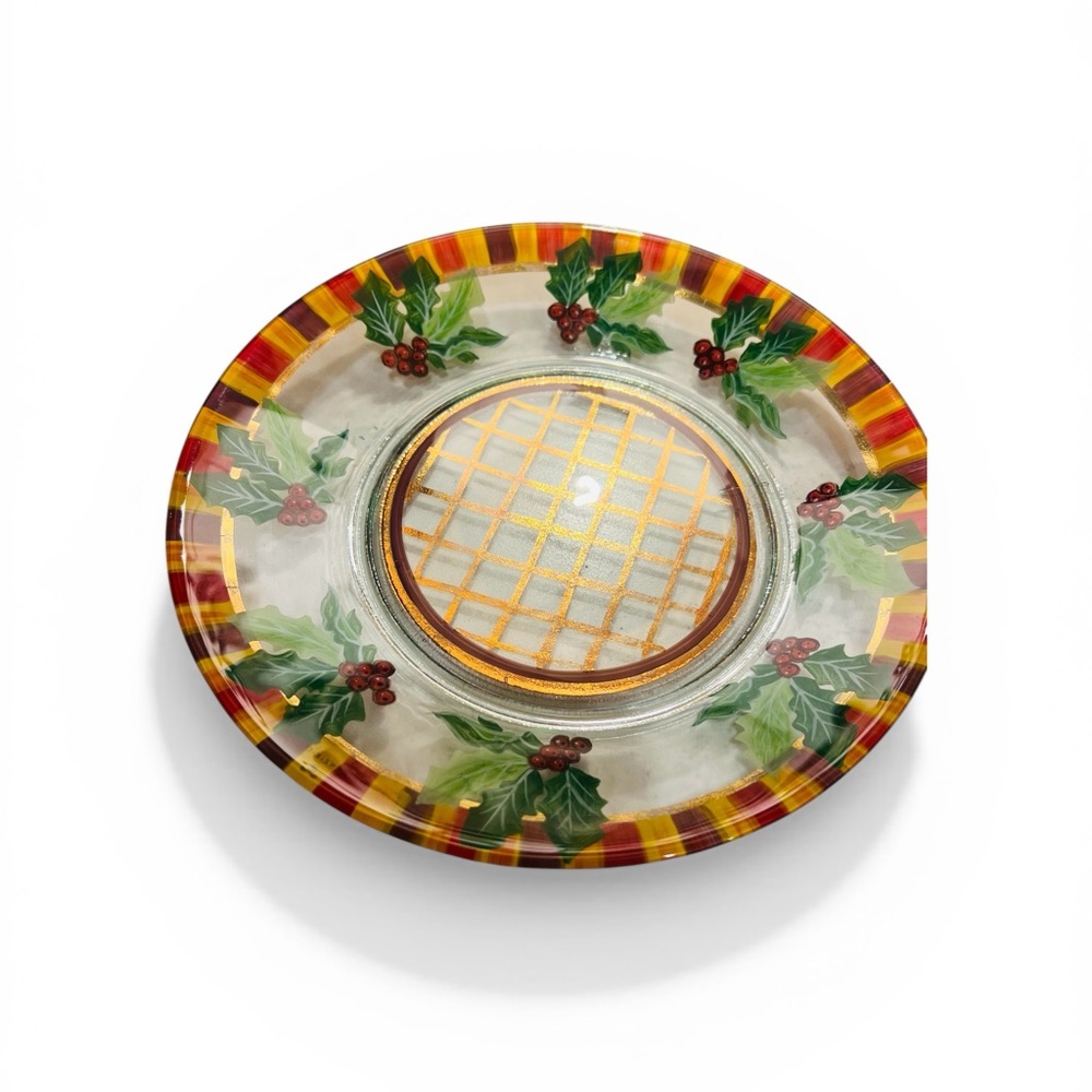 MacKenzie-Childs Circus Glass Cake Dome w Plate 1990s Holly Gold Lattice - Picture 3 of 5